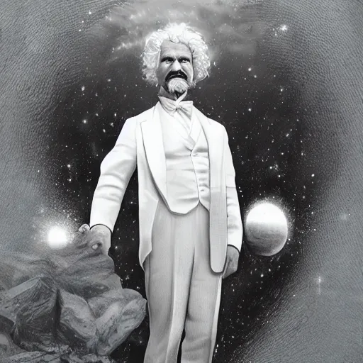 Image similar to mark twain stands at the edge of the universe, artgerm