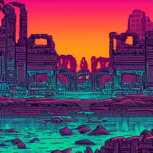 Prompt: ancient ruins, synthwave, by dan mumford pressed penny art 4K Resolution CGSociety