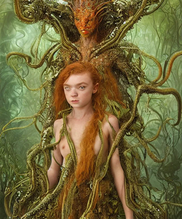 Prompt: portrait photograph of a fierce sadie sink as an alien dryad queen with slimy amphibian skin. she is trying on bulbous slimy organic membrane fetish fashion and transforming into a fiery succubus amphibian villian medusa squid. by donato giancola, walton ford, ernst haeckel, brian froud, hr giger. 8 k, cgsociety