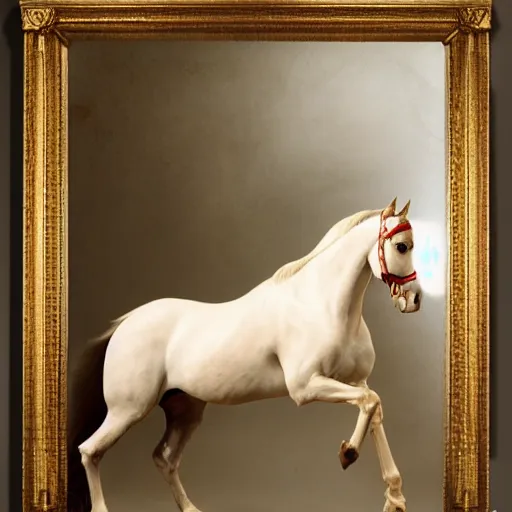 Image similar to an all white horse, with no facial features, like a white mask pulled over their face, full body laying in a blood red pool of water between a golden mirror frame, inspired by the bohemian grove sacrifice ritual and outside the mirror frame is a deep space, physically accurate, dynamic lighting, intricate, elegant, highly detailed, very very Roberto Ferri, sharp focus, very very unsettling, very terrifying, illustration, art