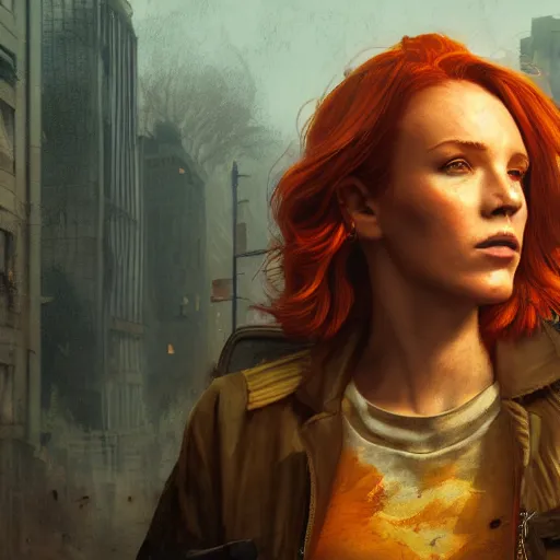 Image similar to fallout 5, charismatic beautiful rugged orange - haired female protagonist, portrait, outdoors ruined cityscape, atmospheric lighting, painted, intricate, volumetric lighting, beautiful, daytime, slight overcast weather, sharp focus, deep colours, ultra detailed, by leesha hannigan, ross tran, thierry doizon, kai carpenter, ignacio fernandez rios