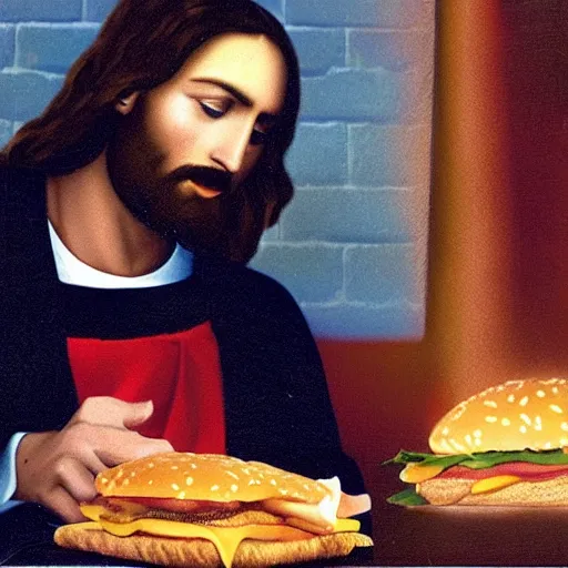 Prompt: jesus giving a sermon whilst eating mcdonalds