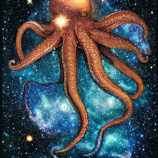 Prompt: a giant octopus god covered in stars in floating among the galaxies of the milky way