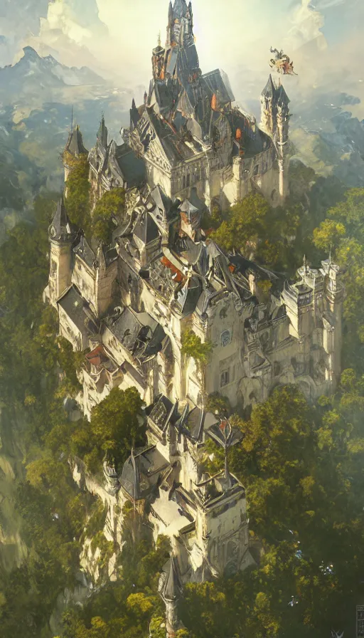 Prompt: castle seen from the sky, cyberpunk, design on white background, beautiful details, lush foliage, drawn by john singer sargent, tom bagshaw, norman rockwell, alphonso mucha, lolish, trending on artstation