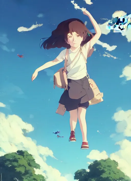 Image similar to girl stand on the playground, see a plane falling down towards the ground, view from below, illustration concept art anime key visual trending pixiv fanbox by wlop and greg rutkowski and makoto shinkai and studio ghibli