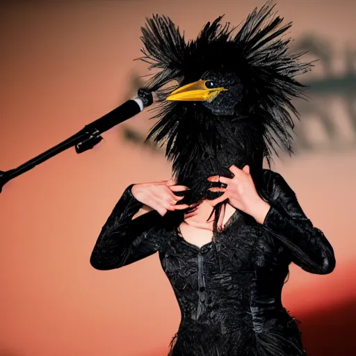 Prompt: a woman dressed as a crow on stage singing