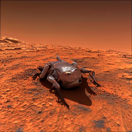 Prompt: a robotic frog resting on mars, soft surface texture, very realistic 3 d render, soft sun lights, 4 k, high detailed photography result, 5 0 mm lens, rich deep colors, smooth gradients, depth of field, cinematic, hyper realism, high detail, octane render, unreal engine, 8 k, vibrant colors