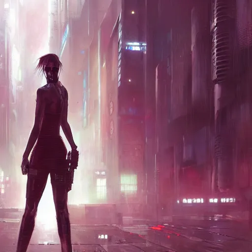 Image similar to cyberpunk razorgirl, pavewalk, scifi, megacity background, neuromancer, dramatic lighting, painted by raymond swanland, painted by greg rutkowski, painted by jeremy mann, painted by artgerm, painted by igor kieryluk, trending on artstation