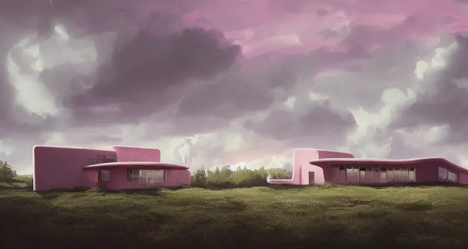 Image similar to modernist house in the shape of a hamburger, light pink clouds, dramatic lighting, artstation, matte painting, raphael lacoste, simon stalenhag, frank lloyd wright, zaha hadid