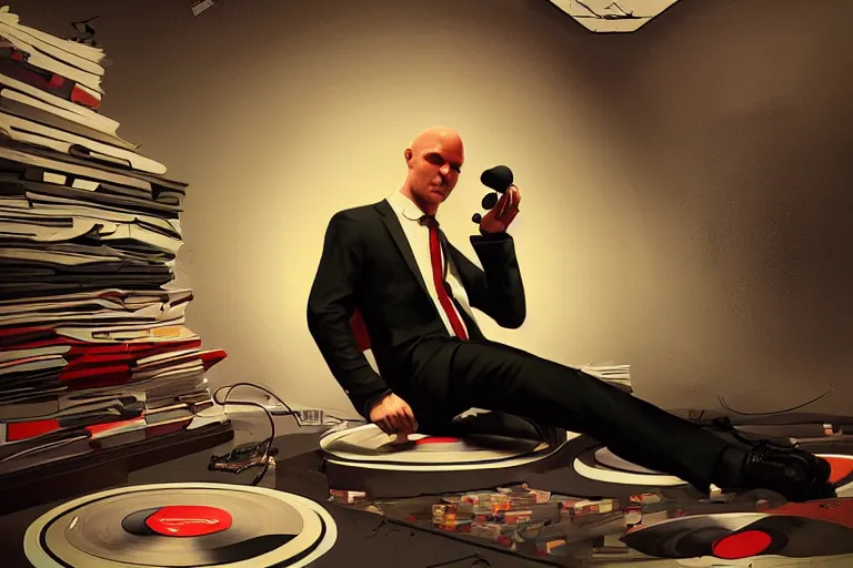 Prompt: an expressive portrait of agent 4 7 from hitman wearing headphones and laying on a floor of vinyl records, dark background, red rim light, digital art, artstation, concept art by giger stalenhag