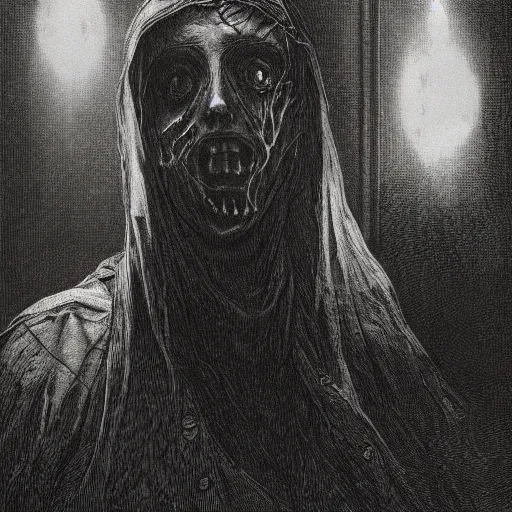 Image similar to night of the living dead, creepy atmosphere, dark, portrait, realistic, very realistic, illustration by Gustave Doré