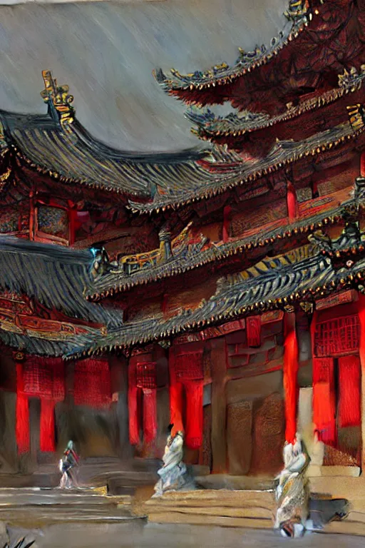 Prompt: Chinese temple, painting by Gaston Bussiere, Craig Mullins