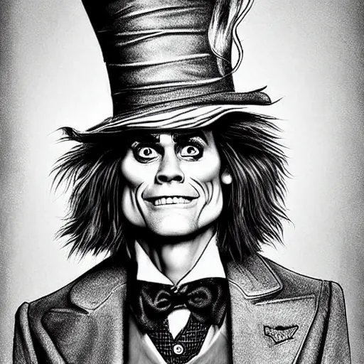 Image similar to Jim Carrey as mad hatter. epic game portrait. Highly detailed. D&D art by Michelangelo