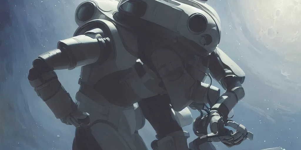 Image similar to a man with a futuristic white space armor walking out of a black spaceship on the moon, black spaceship, black spaceship, in the style of studio ghibli, j. c. leyendecker, greg rutkowski, artem