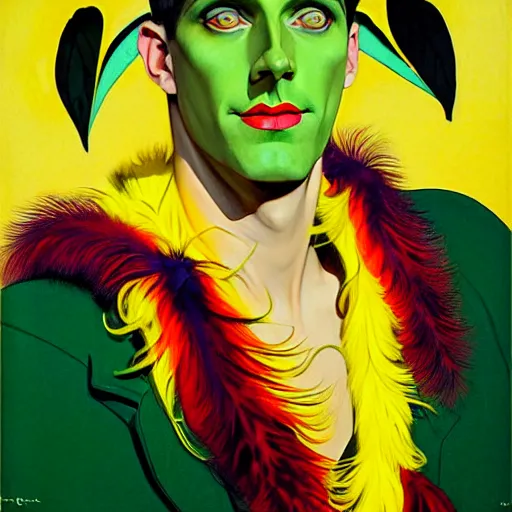 Image similar to art by joshua middleton, a medium shot portrait of the golden creeper, a tall manically smiling yellow - skinned man with green and black striped cycling shorts and wearing a long red and black striped ostrich feather boa, yellow makeup, mucha, kandinsky, poster, art deco motifs, comic art, stylised design, scarlet feather boa