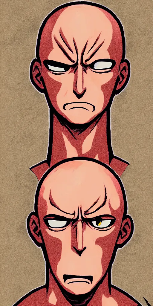Prompt: portrait of saitama in the cuphead game art style, angry, face wrinkles, red background