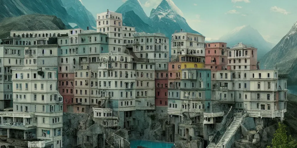 Image similar to a very high resolution image from a new movie, upside - down and criss - cross stairs, beautiful scenery, photorealistic, photography, directed by wes anderson