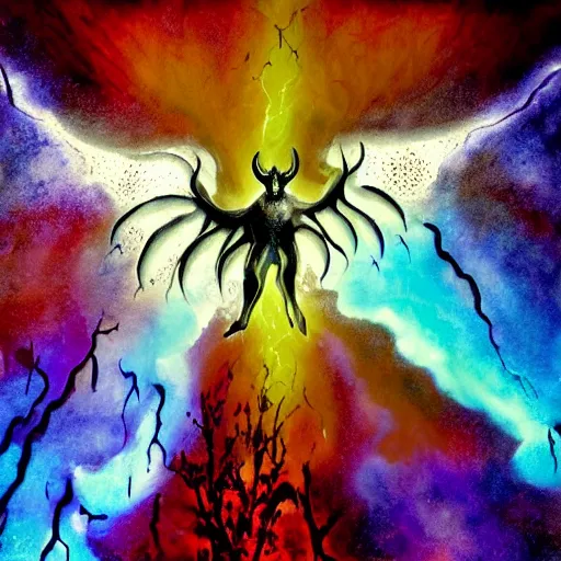 Image similar to a dying devil with tar drip wings standing in the shade of the backlit cosmic light, rich decaying bleeding colors