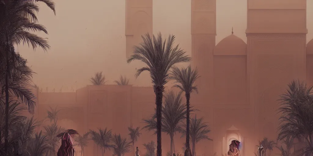 Image similar to sandstorm in marrakech, palm trees, moroccan mosque, wlop, james jean, tom bagshaw, rococo, trending on artstation, fantasy, intricate, elegant, highly detailed, digital painting, concept art, smooth, illustration, cinematic lighting, hyper realism, octane render, 8 k, hyper detailed.