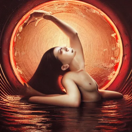 Prompt: Kiko Mizuhara full body laying in a blood red pool of water between a golden mirror frame, outside is space and inside the mirror frame is a beautiful landscape., physically accurate, dynamic lighting, intricate, elegant, highly detailed, digital painting, artstation, HR GIGER, very very Roberto Ferri, Hieronymus Bosch, Francis Bacon, concept art, smooth, sharp focus, illustration, art by artgerm and greg rutkowski and alphonse mucha
