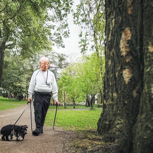 Image similar to elderly man walking a terrifying and evil creature, leash, park, canon eos r 3, f / 1. 4, iso 2 0 0, 1 / 1 6 0 s, 8 k, raw, unedited, symmetrical balance, wide angle