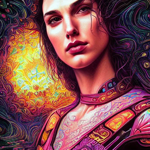 Image similar to portrait of gal gadot, hyper detailed masterpiece, neon floral pattern, jean giraud, digital art painting, darkwave goth aesthetic, psychedelic, artgerm, donato giancola and tom bagshaw