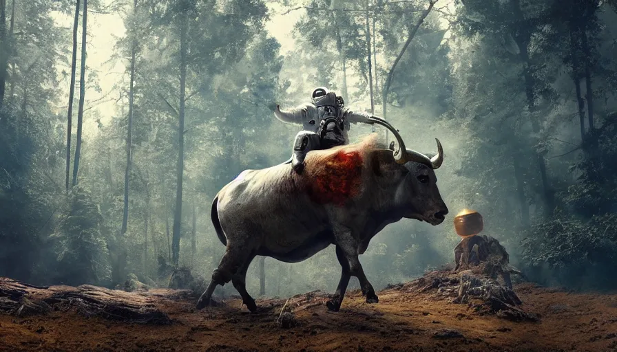 Image similar to american astronaut in the forest riding a bull, objects well lit, plants environment, wide angle, cinematic lighting, atmospheric, realistic, octane render, highly detailed, color graded, in the style of craig mullins