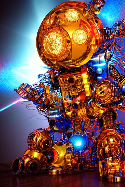 Prompt: portrait photo of a giant huge golden and blue metal futuristic steampunk robot covered with multicolored big gears and tubes, a red electric guitar, eyes are glowing red lightbulbs, shiny crisp finish, 3 d render, 8 k, insaneley detailed, fluorescent colors, background is multicolored lasershow