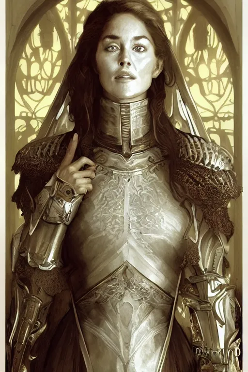 Image similar to beautiful and victorian and holy and divine and elite young medieval Sharon Stone in white armor knight portrait +shiny eyes+front face with light flowing hair, ultradetail face, art and illustration by tian zi and craig mullins and WLOP and alphonse mucha, fantasy, intricate complexity, human structure, human anatomy, fantasy character concept, watermark, blurry, hyperrealism 8k