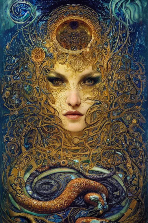 Image similar to Rebirth by Karol Bak, Jean Deville, Gustav Klimt, and Vincent Van Gogh, mysterious portrait of a sacred serpent, Surreality, radiant halo, shed iridescent snakeskin, otherworldly, enigma, fractal structures, celestial, arcane, ornate gilded medieval icon, third eye, spirals