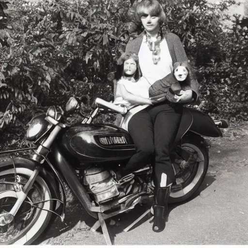 Image similar to a photo by ansel adams of a slender beautiful woman with straight ginger hair and bangs, wearing purple leathers and gold helmet, posing with large ginger tabby and raccoon on a motorcycle in her front yard, holding coffee mug and toasted brioche bun, 8 5 mm lens