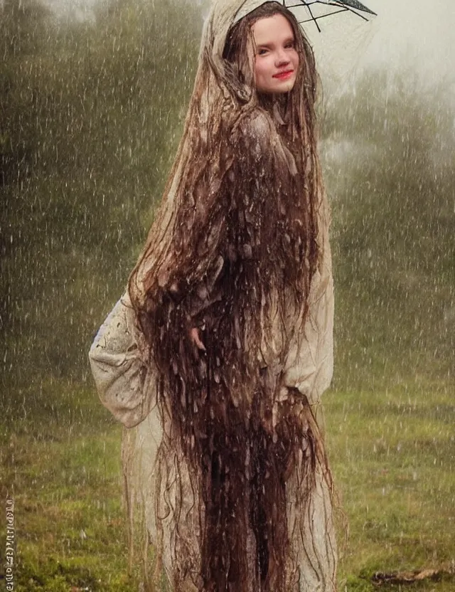 Image similar to wet long hair very beautiful happy peasant girl under the rain, without umbrella, country style, stones and lake background, portrait, Cinematic focus, Polaroid photo, vintage, neutral colors, soft lights, foggy, by Steve Hanks, by Serov Valentin, by lisa yuskavage, by Andrei Tarkovsky 8k render, detailed, oil on canvas