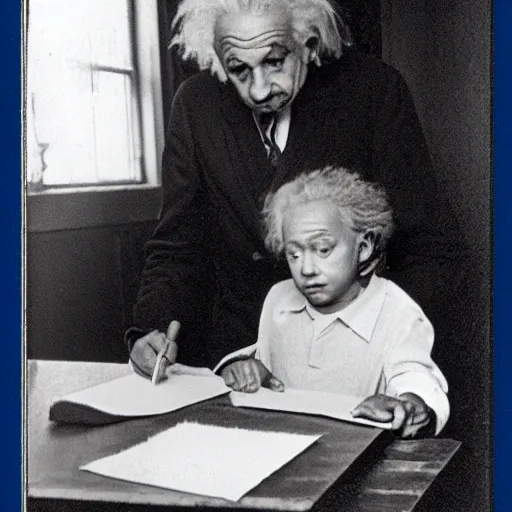 Image similar to Albert Einstein as a child making a crayon drawing of rocket