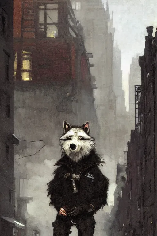 Image similar to new york city portrait of furry anthro anthropomorphic grey wolf head animal person fursona wearing clothes black traditional police uniform in the alley, sunny day, digital art by Nerdrum John, William Waterhouse, Winslow Homer, Alex Heywood, Jordan Grimmer, Darren Quach, Greg Rutkowski, Simon Stalenhag, trending on Artstation, CGSociety