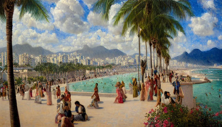 Image similar to a ultradetailed beautiful painting of the thunderstorm sky of the rio de janeiro palace balustrade designed by jules bastien - lepage, tarsila do amaral, frank weston and gustave baumann, beach, trending on artstation, mediterranean, palm trees, sharp focus, colorful refracted sparkles and lines, soft light, 8 k 4 k