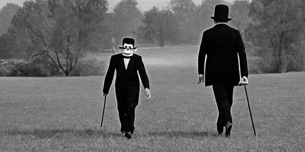 Prompt: a still of a 60s movie of a man holding a cane wearing a black suit and a bowler hat with a robotic face walking in a empty field