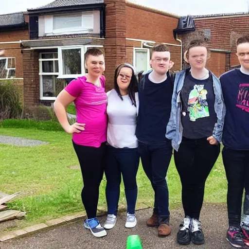 Prompt: 5 young people with downsyndrome moving house