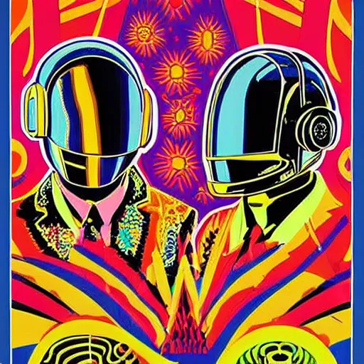 Prompt: a detailed, intricate, psychedelic 1960s poster for a concert in San Francisco featuring Daft Punk, By Wes Wilson, LSD