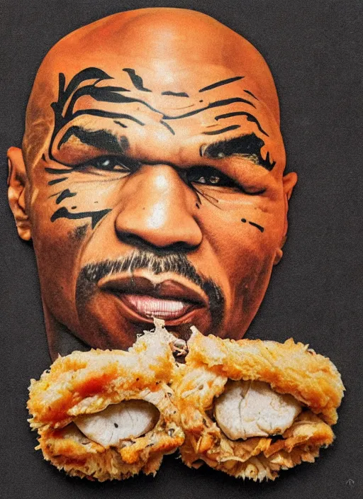 Image similar to a photorealistic portrait of mike tyson's face constructed from chicken cutlets.