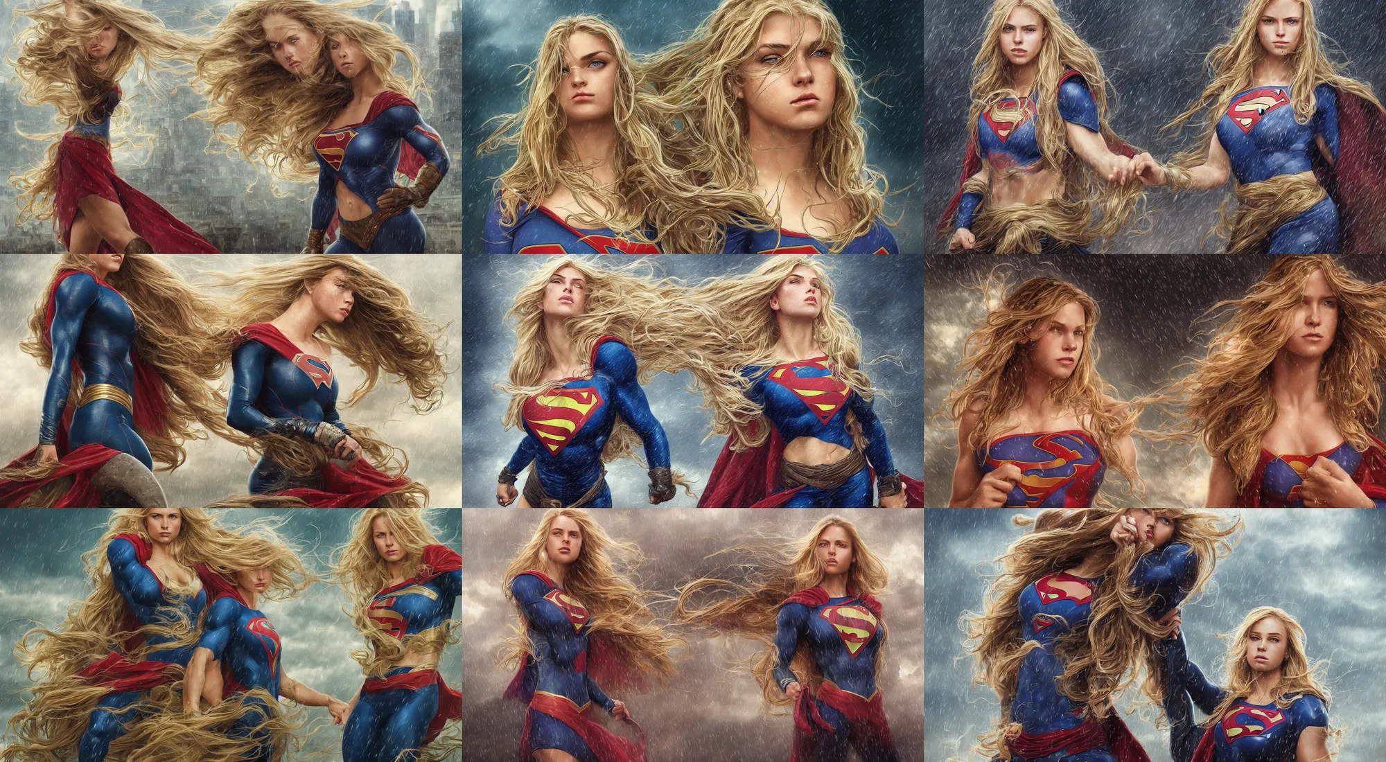 Prompt: epic portrait of a very muscled supergirl with a concentrated face and extremely long blonde wavy hair, light rain, thunder storm background, intricate detailed face, city background, steve argyle, greg rutkowski, alphonse mucha, francine van hove