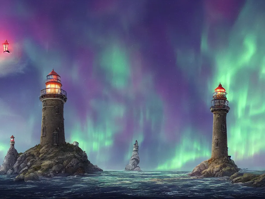 Prompt: a detailed illustration of an ethereal fantasy landscape featuring an ornate lighthouse tower in the middle of a castle by the ocean, a monk looking up at the towering structure from a distant rock, aurora borealis, by alyn spiller, 4K, trending in artstation, wide angle