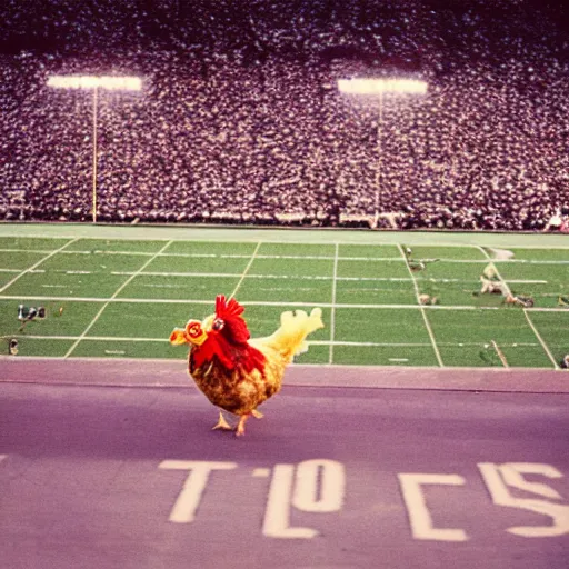 Image similar to the famous funky chicken runs across a football field, interrupting the big game, 3 5 mm