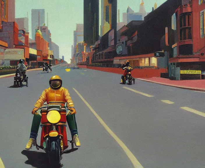 Image similar to a very detailed painting of a astronaut wearing a suit, riding a motorbike down a street, harley davidson motorbike, worm's - eye view, very fine brush strokes, very aesthetic, very futuristic, in the style of edward hopper and grant wood and syd mead, 4 k,