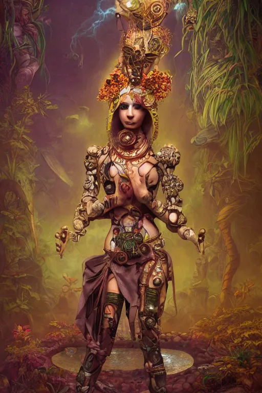 Prompt: cyberpunk aztec goddess in a zen rock garden, by Peter Kemp, by Artgerm, autumn, glamorous hairstyle, vermont fall colors, wearing translucent earthtone fashion, art nouveau by Brian Froud, berries, cosmic, gnostic, sacred geometry, by Alphonse Mucha, highly detailed concept painting with cinematic lighting, trending on art station