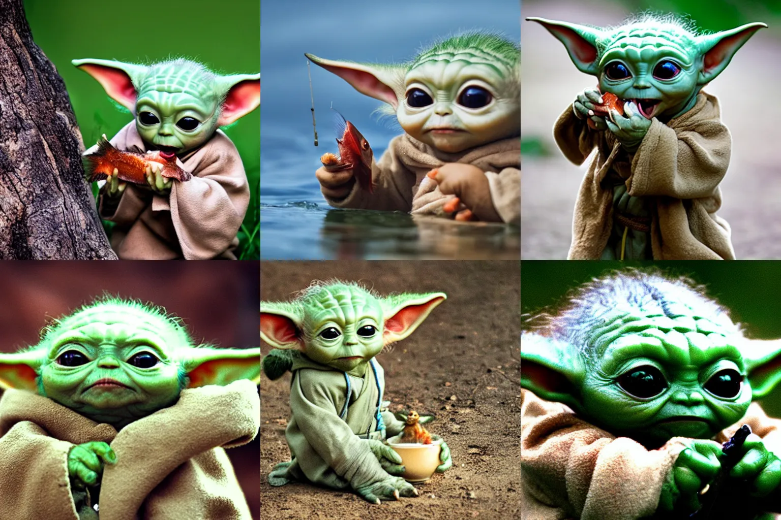 Prompt: wildlife photography of baby Yoda eating a fish