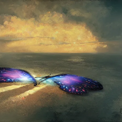 Prompt: a huge luminous butterfly rests on the oil platform, by craig mullins