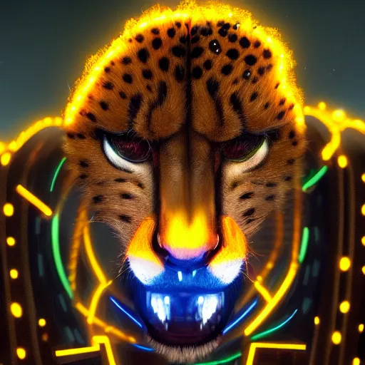 Image similar to a beautiful commission portrait of a male anthro cheetah wearing a neon jacket,futuristic,detailed face,mohawk,cyberpunk city,deviantart,artstation,art by greg rutkowski,ross tran,professional lighting,neon city,night,raytracing,highly realistic,4k,dramatic,hyperrealism