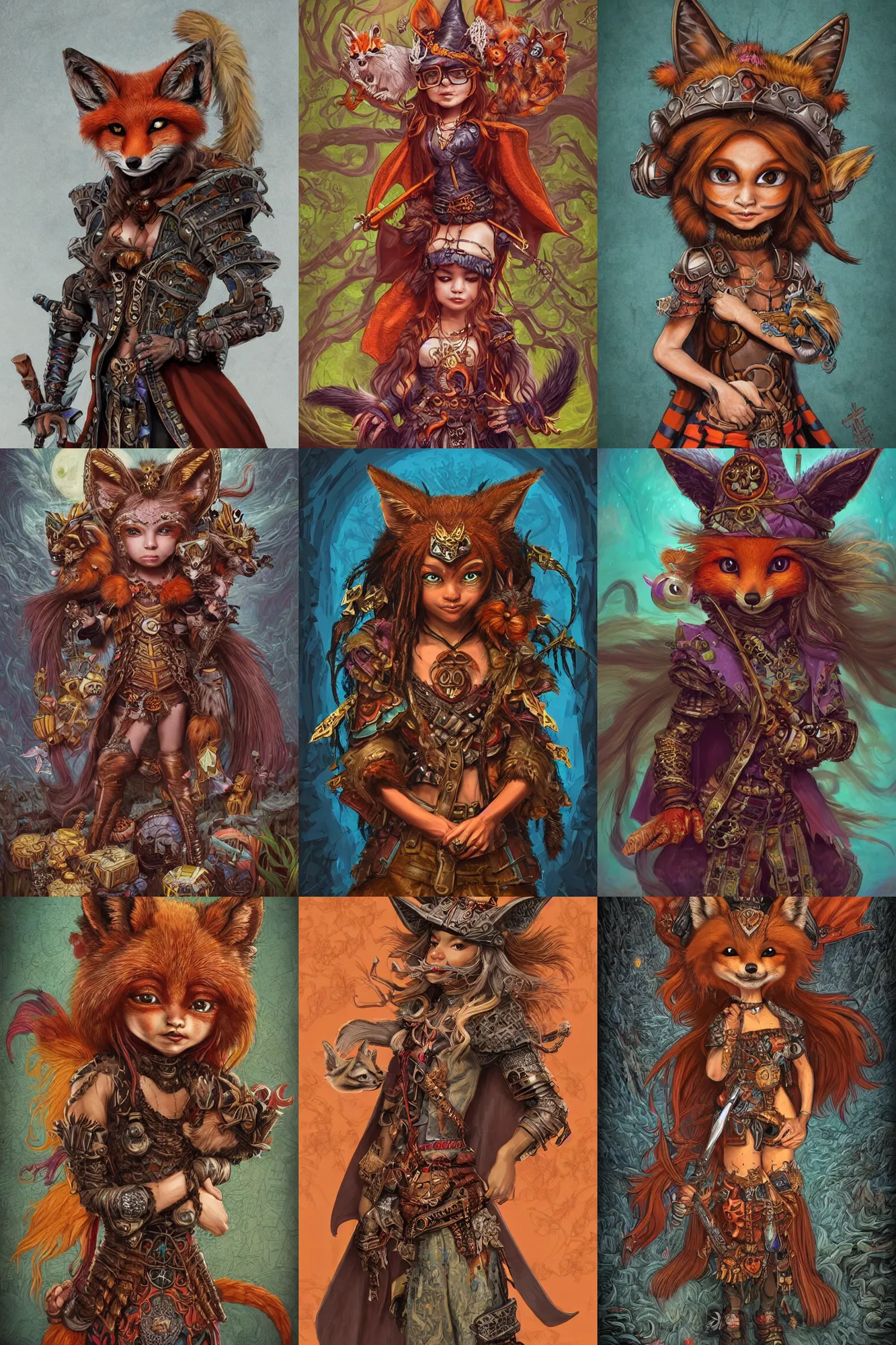 Prompt: maximalist and overdetailed fantasy artwork of a cute little anthropomorphic foxy witch wearing a cape and a dreadlocks, tiny, small, miniature fox, baby animal, short, detailed woodcut armor, cute and adorable, pretty, beautiful, DnD character art portrait, matte fantasy painting, DeviantArt Artstation, by Jason Felix by Steve Argyle by Tyler Jacobson by Peter Mohrbacher, cinematic lighting