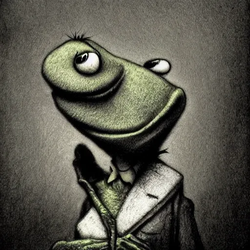 Prompt: michael karcz grunge drawing of kermit the frog. , in the style of corpse bride, loony toons style, horror themed, detailed, elegant, intricate