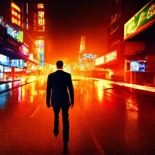 Image similar to a man in a suit walking away from an explosion, cityscape, neon, cyberpunk, bladerunner